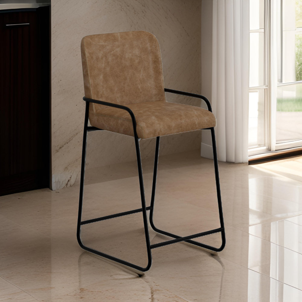Suze Barstool Chair, Arched Back, Black Iron, Cognac Brown Faux Leather -BM321493