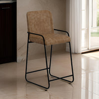 Suze Barstool Chair, Arched Back, Black Iron, Cognac Brown Faux Leather -BM321493