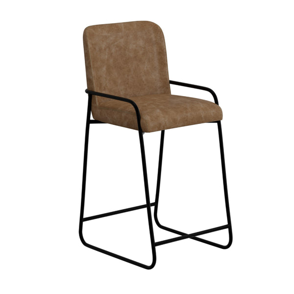 Suze Barstool Chair, Arched Back, Black Iron, Cognac Brown Faux Leather -BM321493