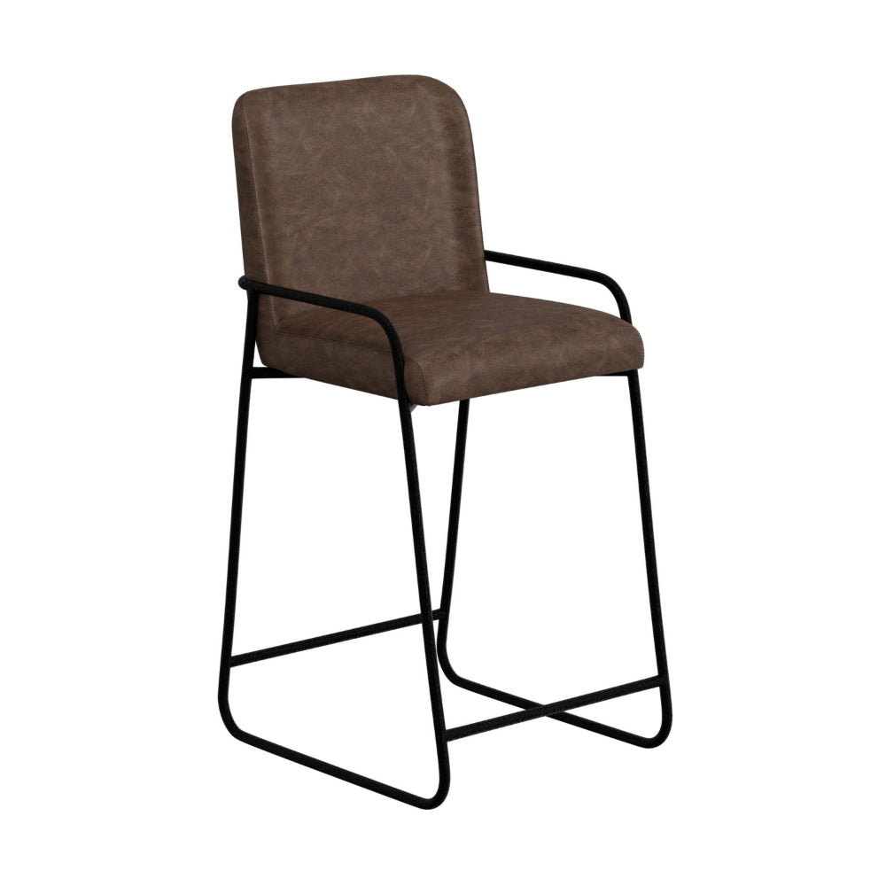 Suze Barstool Chair, Arched, Black Iron, Hickory Brown Performance Fabric  -BM321495