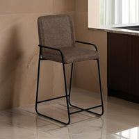 Suze Barstool Chair, Arched, Black Iron, Hickory Brown Performance Fabric  -BM321495