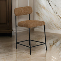 Iffa Counter Height Chair, Open Back, Black Iron, Cognac Brown Faux Leather -BM321497