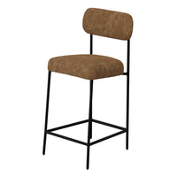 Iffa Barstool Chair, Open Back, Black Iron, Cognac Brown Faux Leather -BM321502
