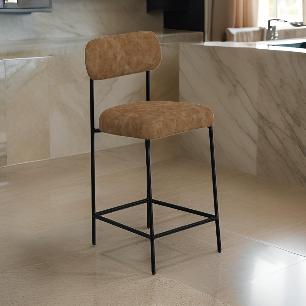 Iffa Barstool Chair, Open Back, Black Iron, Cognac Brown Faux Leather -BM321502