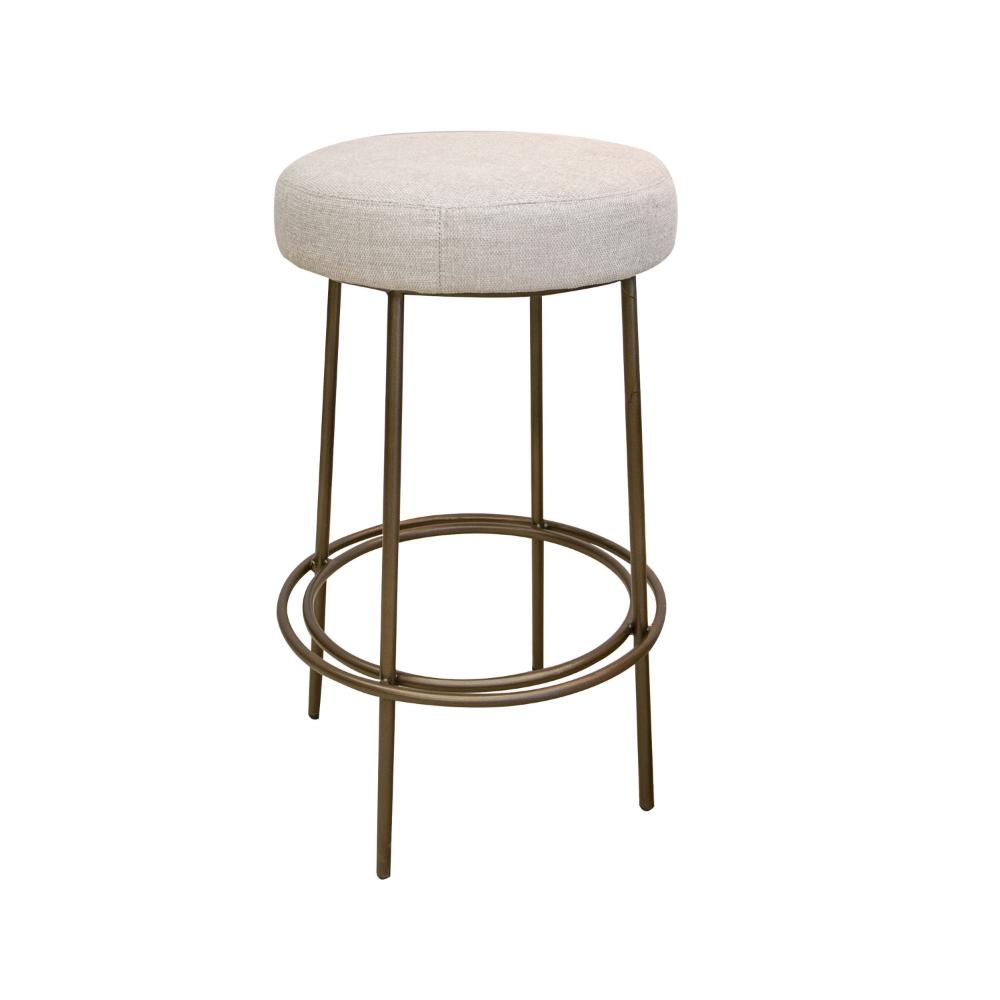 Tomy Barstool, Round Seat, Blacksmith Gold Metal Frame, Beige Polyester