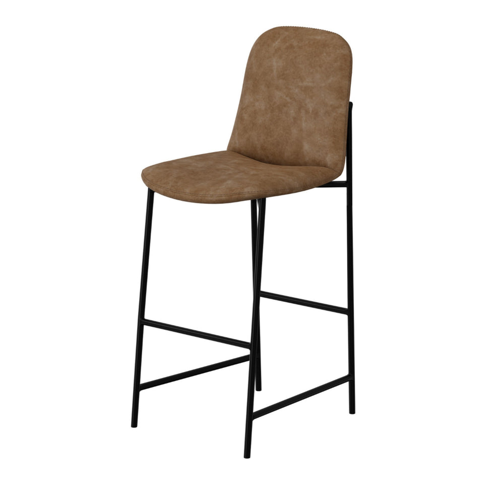 Revee Barstool Chair, Black Iron, Water-Resistant Cognac Brown Faux Leather -BM321513