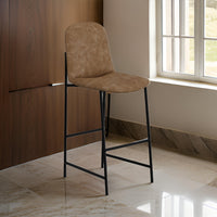 Revee Barstool Chair, Black Iron, Water-Resistant Cognac Brown Faux Leather -BM321513