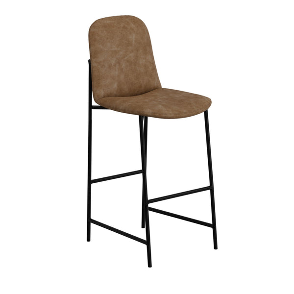 Revee Barstool Chair, Black Iron, Water-Resistant Cognac Brown Faux Leather -BM321513
