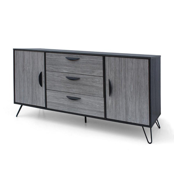 Sideboard Cabinet Console with 3 Drawer, 2 Door, 59 Inch, Iron, Gray Wood
