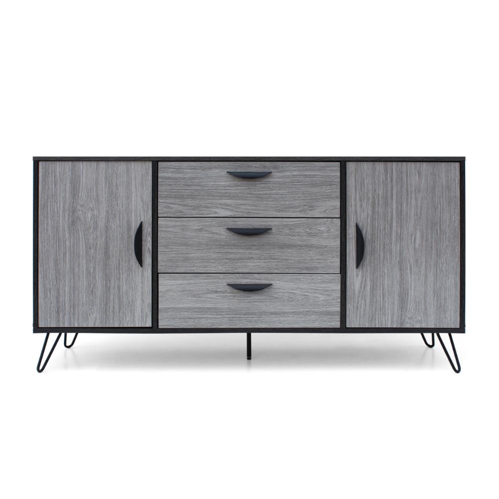 Sideboard Cabinet Console with 3 Drawer, 2 Door, 59 Inch, Iron, Gray Wood -BM321550