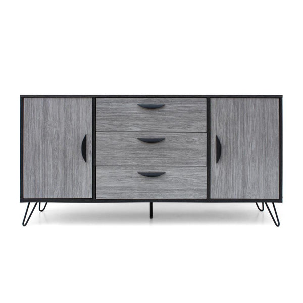 Sideboard Cabinet Console with 3 Drawer, 2 Door, 59 Inch, Iron, Gray Wood -BM321550