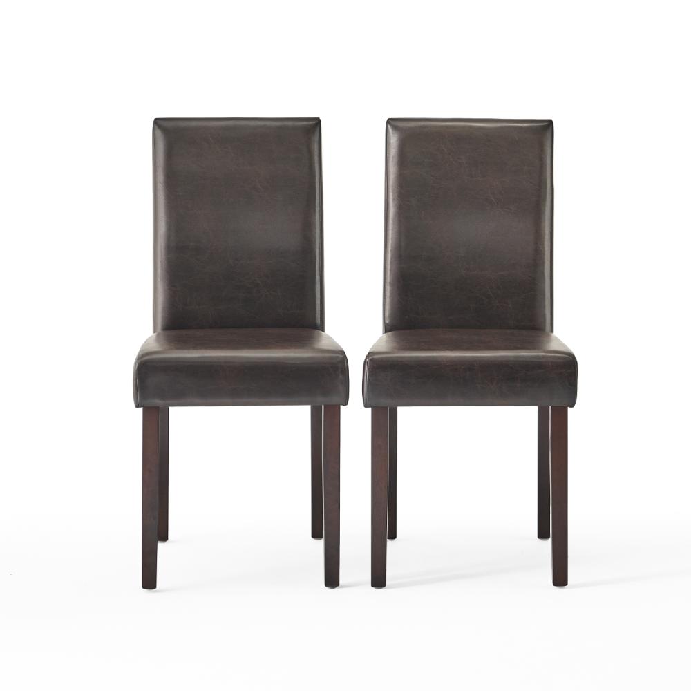 Side Dining Chair Set of 2, Cushioned Seat, Espresso Wood, Brown Leather