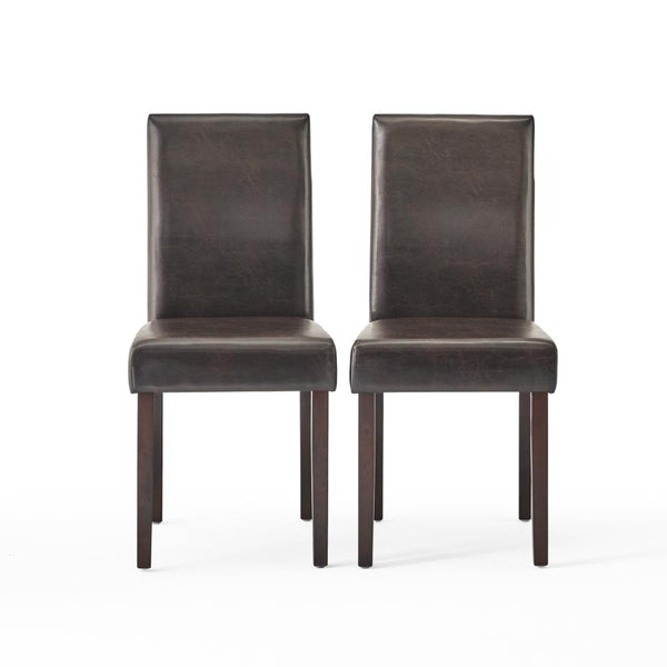 Side Dining Chair Set of 2, Cushioned Seat, Espresso Wood, Brown Leather