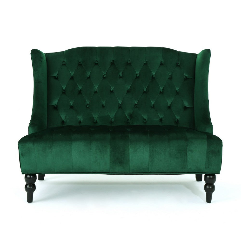 Lanny Loveseat Settee, Wingback Bench 50 Inch Wood, Tufted Green Velvet -BM321555