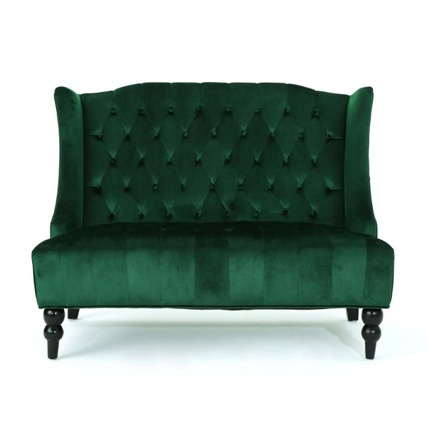 Lanny Loveseat Settee, Wingback Bench 50 Inch Wood, Tufted Green Velvet -BM321555