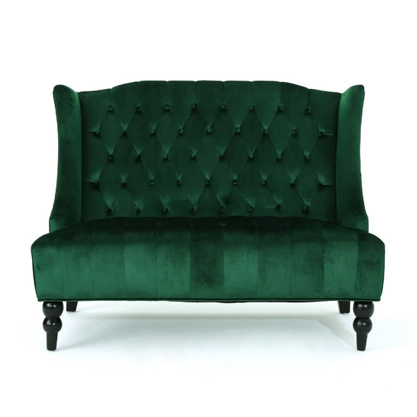 Lanny Loveseat Settee, Wingback Bench 50 Inch Wood, Tufted Green Velvet -BM321555