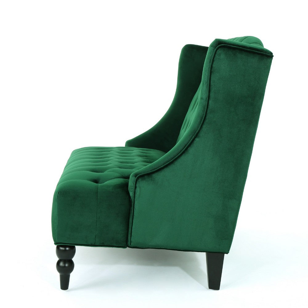 Lanny Loveseat Settee, Wingback Bench 50 Inch Wood, Tufted Green Velvet -BM321555