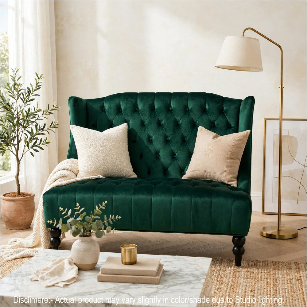Lanny Loveseat Settee, Wingback Bench 50 Inch Wood, Tufted Green Velvet -BM321555