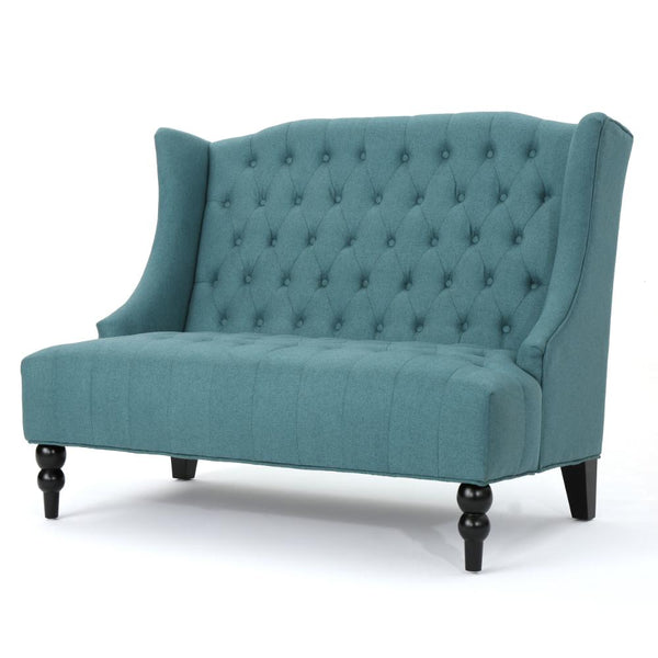 Lanny Loveseat Settee, Wingback Bench 50 Inch Wood, Tufted Teal Velvet
