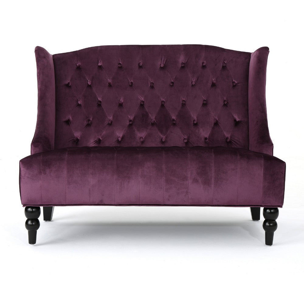 Lanny Loveseat Settee, Wingback Bench 50 Inch Wood, Tufted Purple Velvet -BM321558