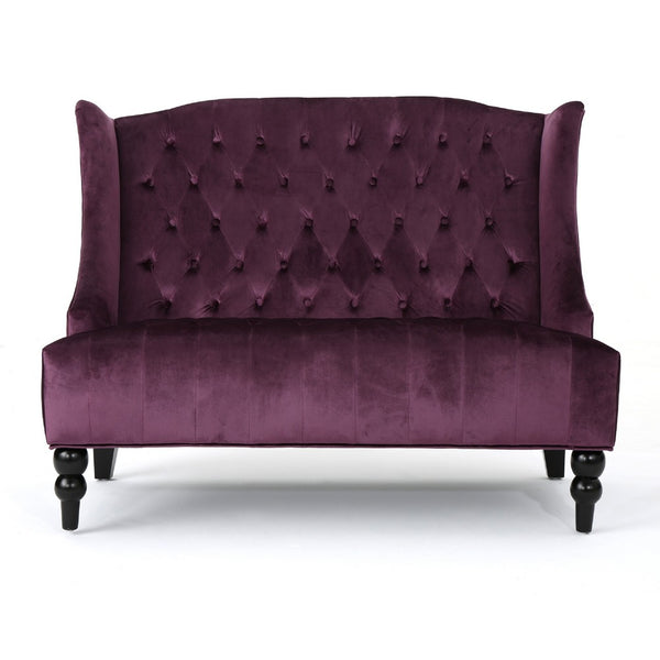 Lanny Loveseat Settee, Wingback Bench 50 Inch Wood, Tufted Purple Velvet -BM321558