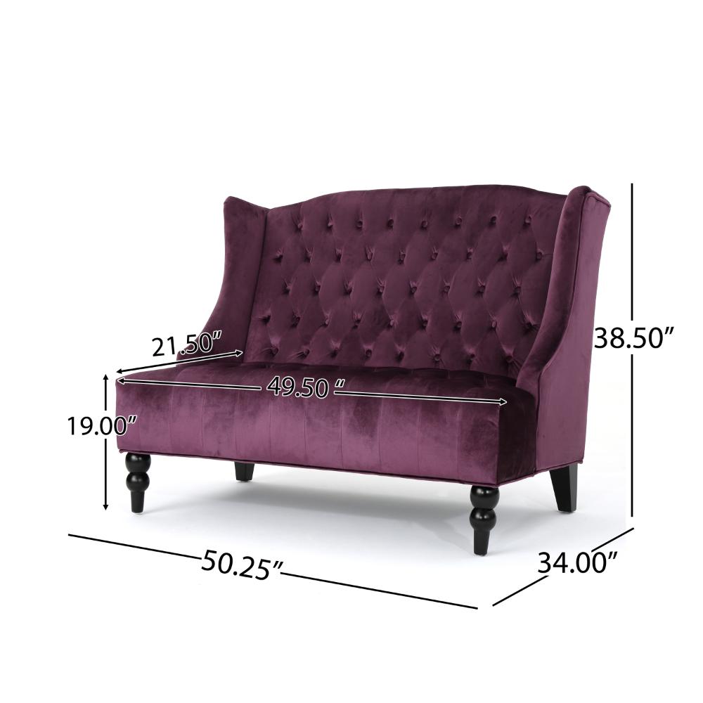 Lanny Loveseat Settee, Wingback Bench 50 Inch Wood, Tufted Purple Velvet -BM321558