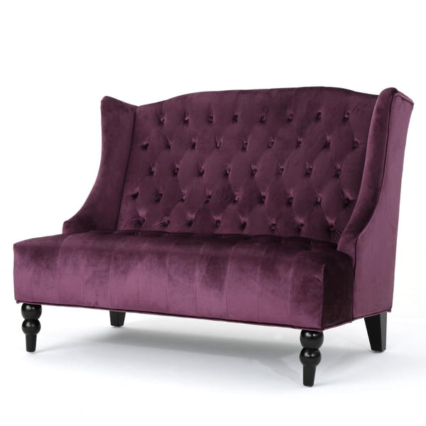 Lanny Loveseat Settee, Wingback Bench 50 Inch Wood, Tufted Purple Velvet