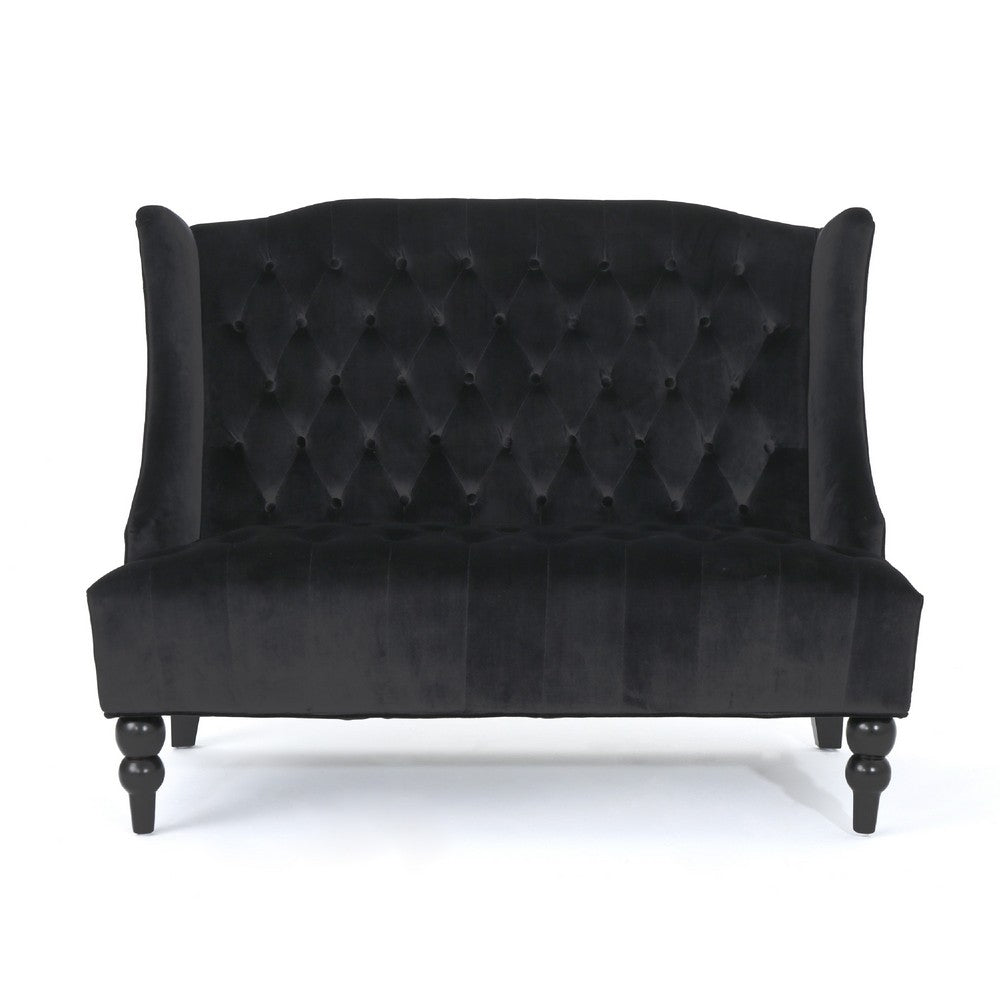 Lanny Loveseat Settee, Wingback Bench 50 Inch Wood, Tufted Black Velvet -BM321559