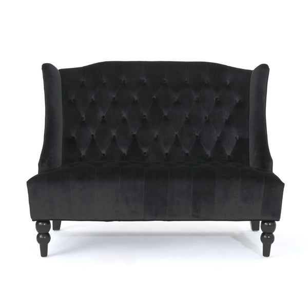 Lanny Loveseat Settee, Wingback Bench 50 Inch Wood, Tufted Black Velvet -BM321559