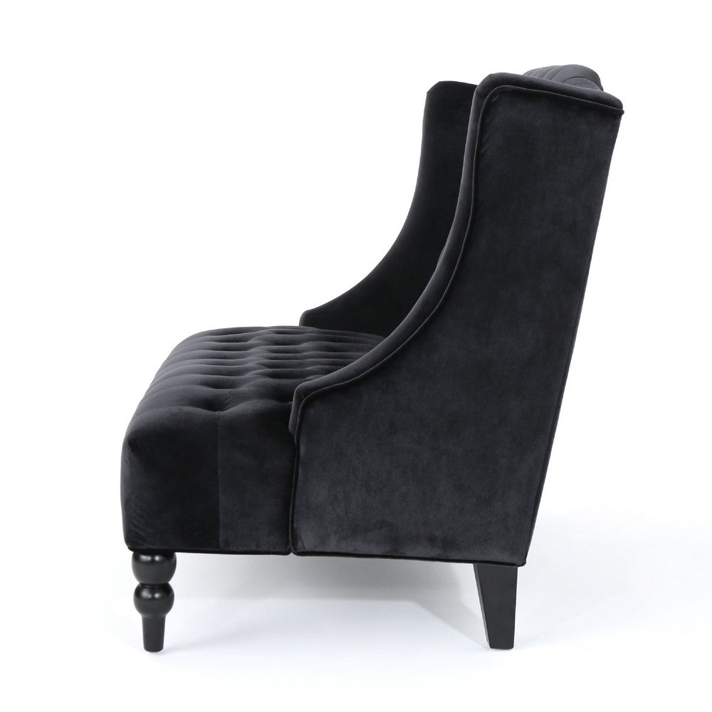 Lanny Loveseat Settee, Wingback Bench 50 Inch Wood, Tufted Black Velvet -BM321559