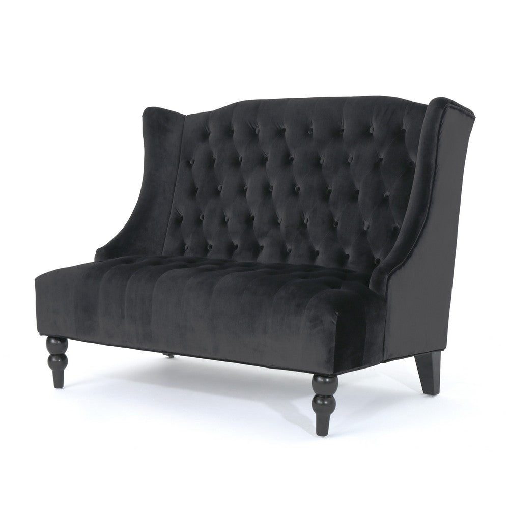 Lanny Loveseat Settee, Wingback Bench 50 Inch Wood, Tufted Black Velvet -BM321559