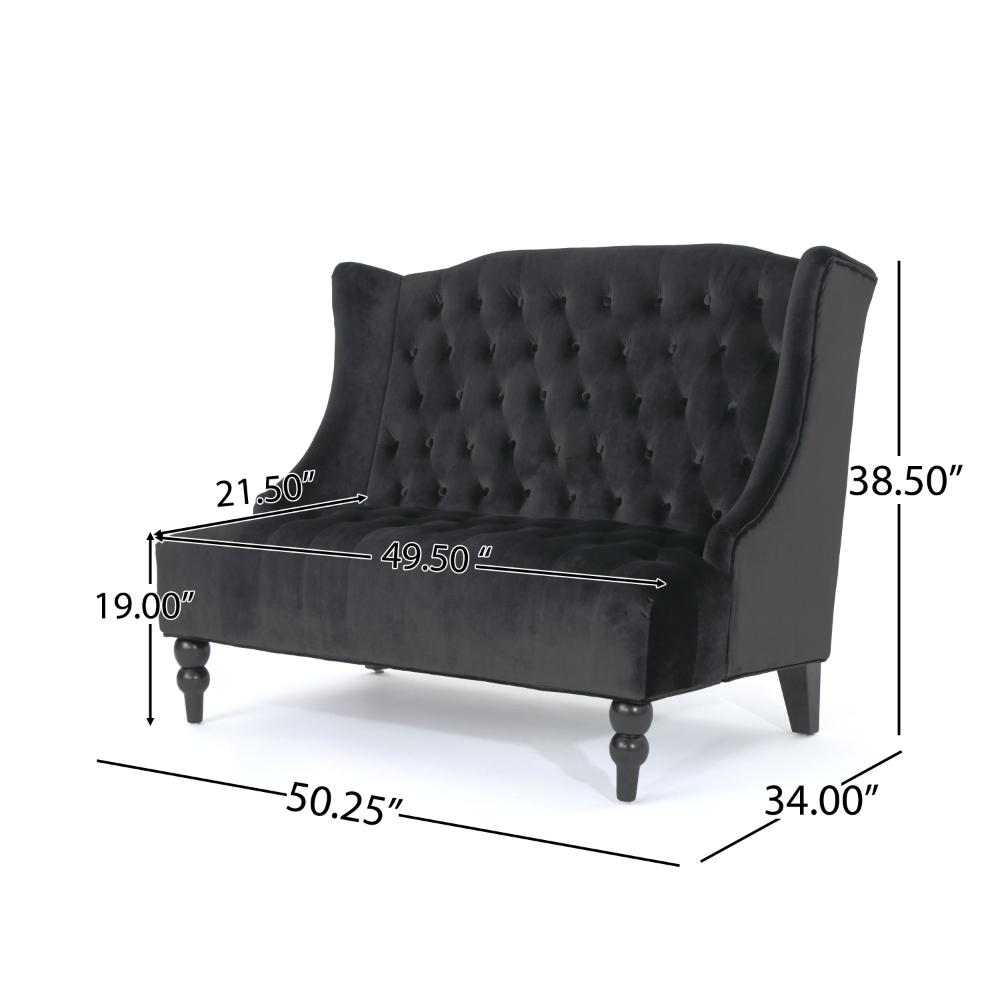 Lanny Loveseat Settee, Wingback Bench 50 Inch Wood, Tufted Black Velvet -BM321559