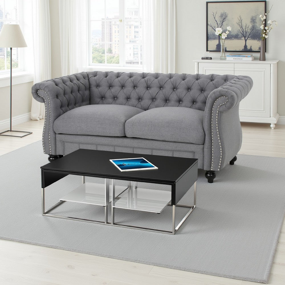 Bernie Loveseat 62 Inch Sofa, Nailhead Trim, Solid Wood, Gray Tufted Fabric -BM321560