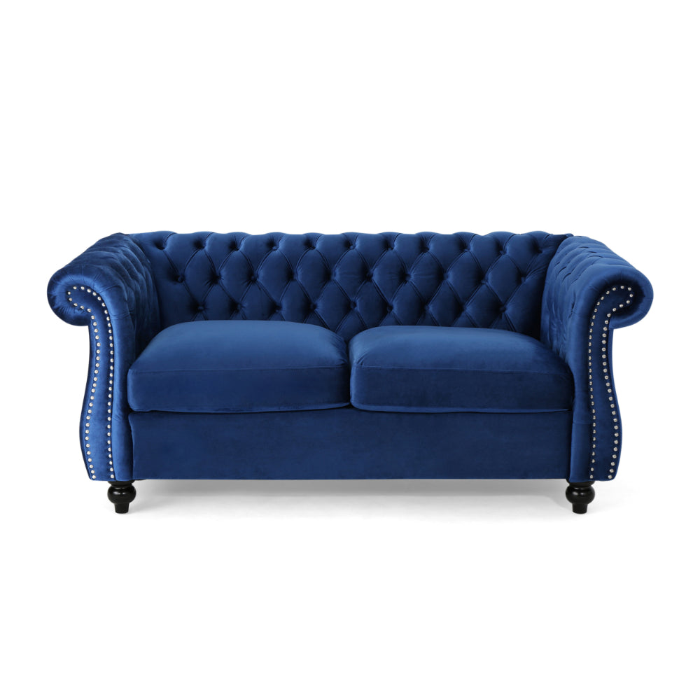 Bernie Loveseat 62 Inch Sofa, Nailhead Trim, Solid Wood, Blue Tufted Fabric -BM321561