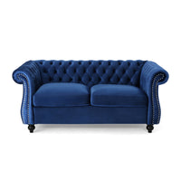 Bernie Loveseat 62 Inch Sofa, Nailhead Trim, Solid Wood, Blue Tufted Fabric -BM321561