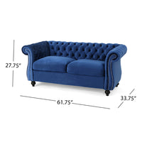 Bernie Loveseat 62 Inch Sofa, Nailhead Trim, Solid Wood, Blue Tufted Fabric -BM321561
