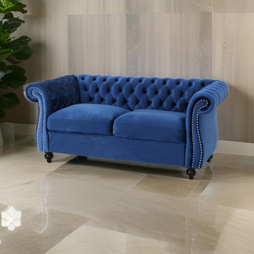 Bernie Loveseat 62 Inch Sofa, Nailhead Trim, Solid Wood, Blue Tufted Fabric -BM321561