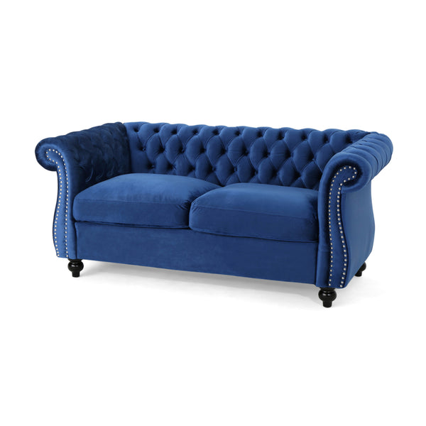 Bernie Loveseat 62 Inch Sofa, Nailhead Trim, Solid Wood, Blue Tufted Fabric -BM321561