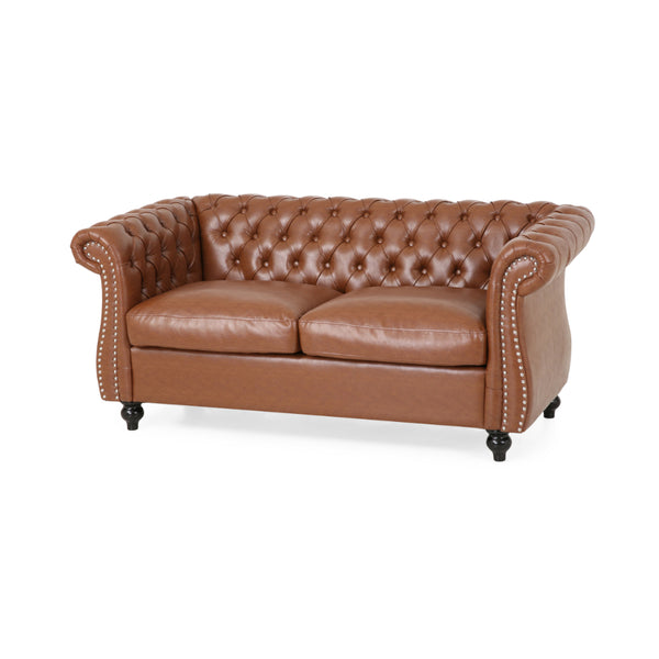 Bernie Loveseat 62 Inch Sofa, Nailhead Trim, Solid Wood, Brown Faux Leather -BM321562