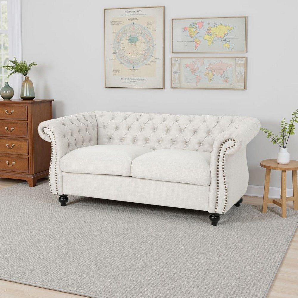 Bernie Loveseat 62 Inch Sofa, Nailhead Trim, Solid Wood Beige Tufted Fabric -BM321563