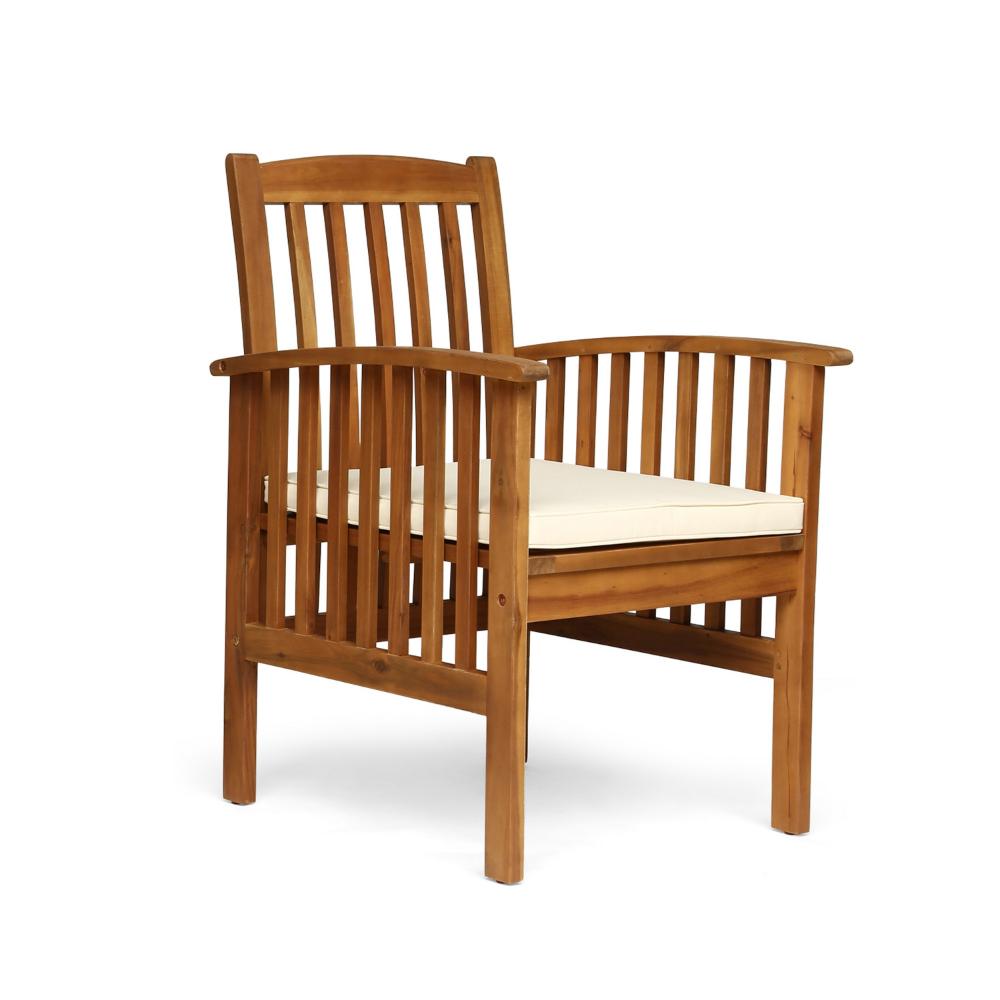 Gerry Dining Chair, Traditional Slat Design Brown Acacia Wood, Beige Fabric -BM321566
