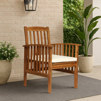 Gerry Dining Chair, Traditional Slat Design Brown Acacia Wood, Beige Fabric -BM321566