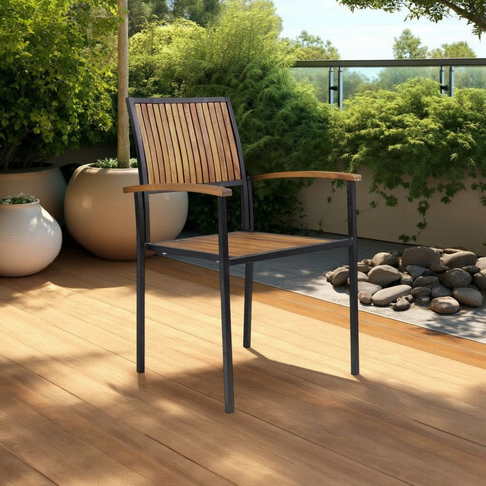 Side Dining Chair Set of 2, Outdoor Slatted Brown Acacia Wood, Black Iron -BM321569