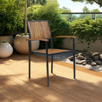 Side Dining Chair Set of 2, Outdoor Slatted Brown Acacia Wood, Black Iron -BM321569