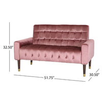 Loveseat Bench, 52 Inch Wood, Button Tufted Waffle Stitch Pink Velvet -BM321573