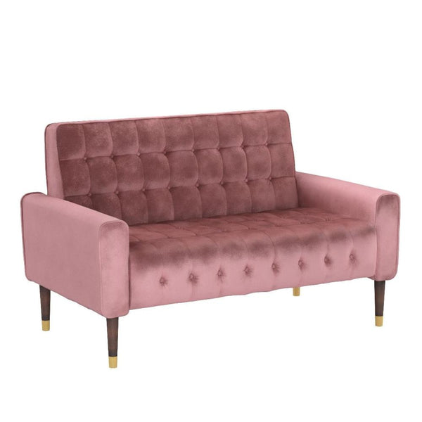 Loveseat Bench, 52 Inch Wood, Button Tufted Waffle Stitch Pink Velvet