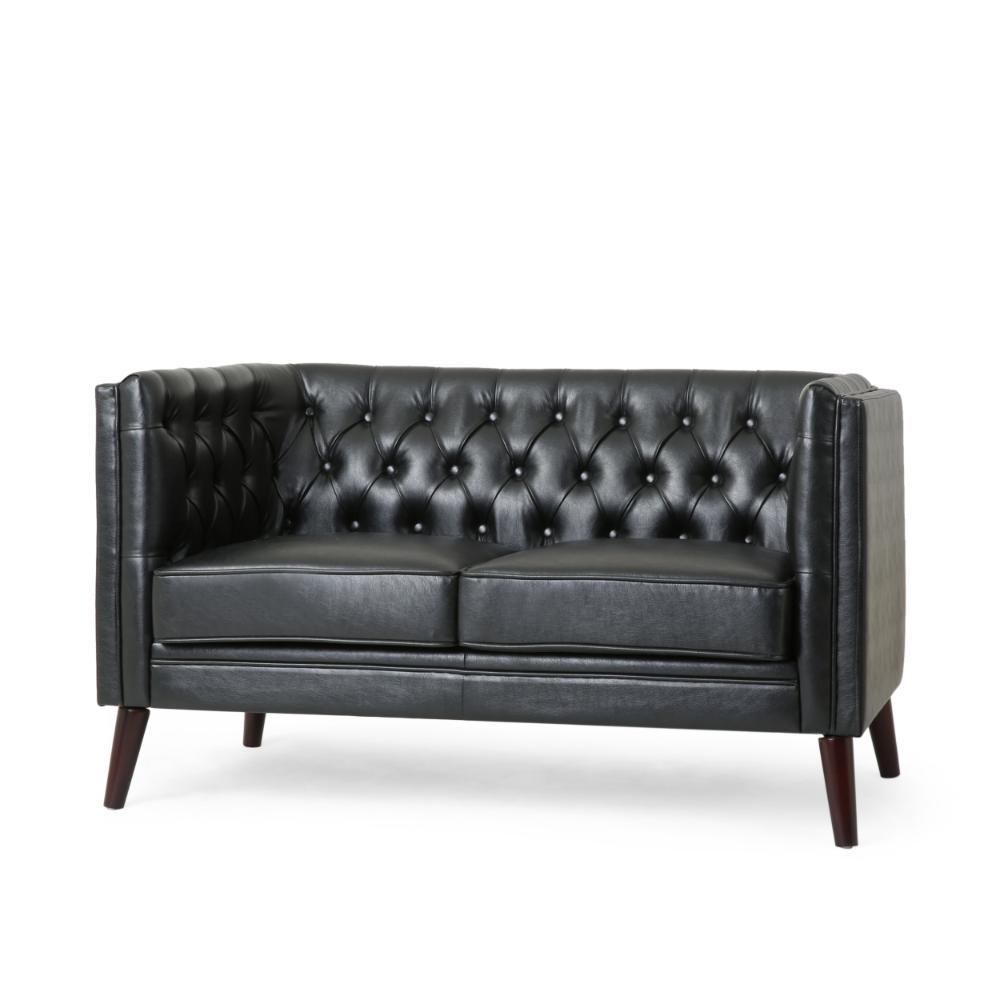 Janie Loveseat Bench, 54 Inch Wood, Tufted Diamond Black Faux Leather