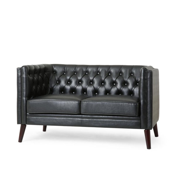 Janie Loveseat Bench, 54 Inch Wood, Tufted Diamond Black Faux Leather