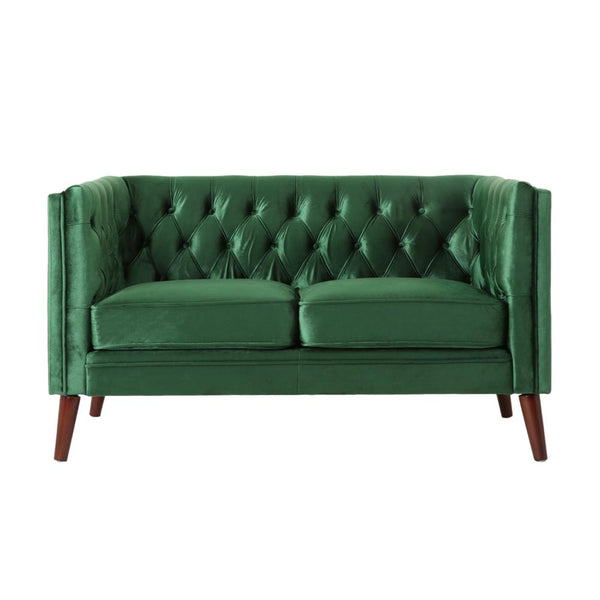 Janie Loveseat Bench, 54 Inch Birch, Button Tufted Diamond Green Velvet -BM321575