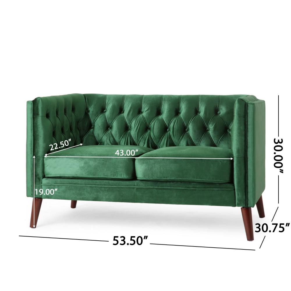 Janie Loveseat Bench, 54 Inch Birch, Button Tufted Diamond Green Velvet -BM321575
